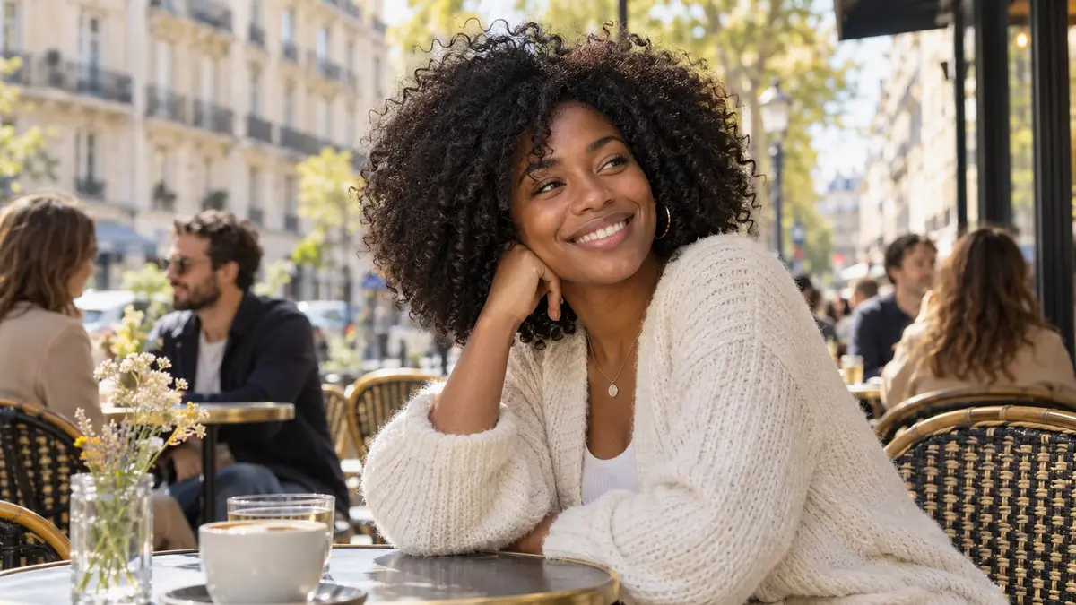 Femme afro-descendante souriante, assise à la terrasse d’un café français baigné de soleil.
