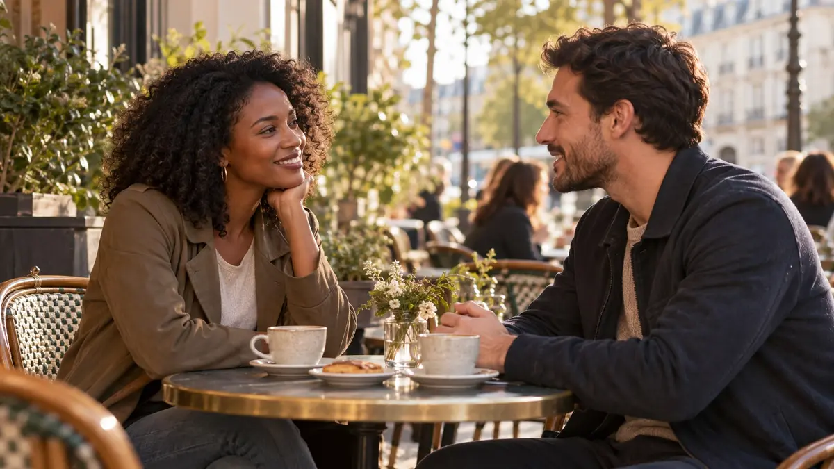 Deux adultes échangent avec naturel à la terrasse d’un café, baignés de lumière dorée.