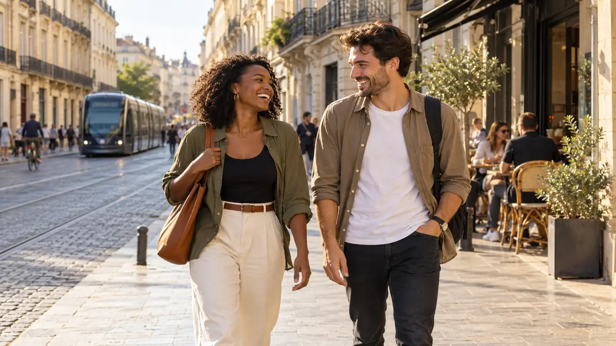 Une femme noire et un homme rient en marchant dans une rue ensoleillée de Bordeaux.