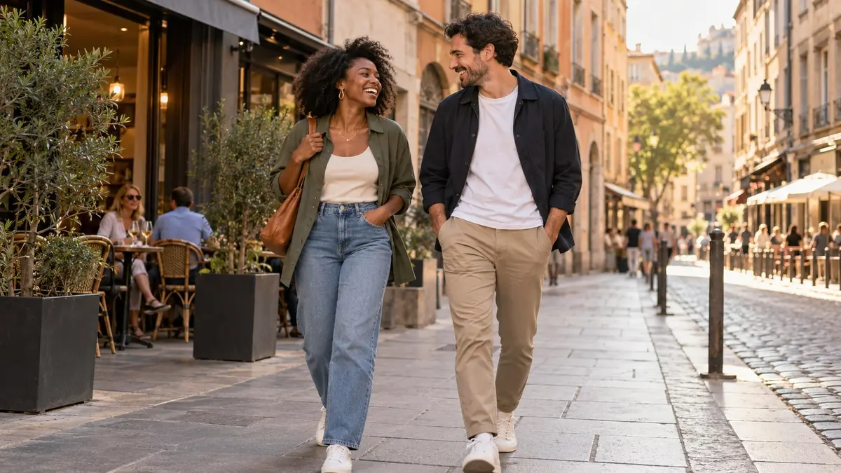 Une femme noire et un homme rient en marchant dans une rue ensoleillée de Lyon.