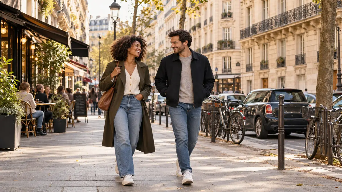 Deux adultes rient en se promenant dans une rue parisienne baignée d’une lumière chaude.