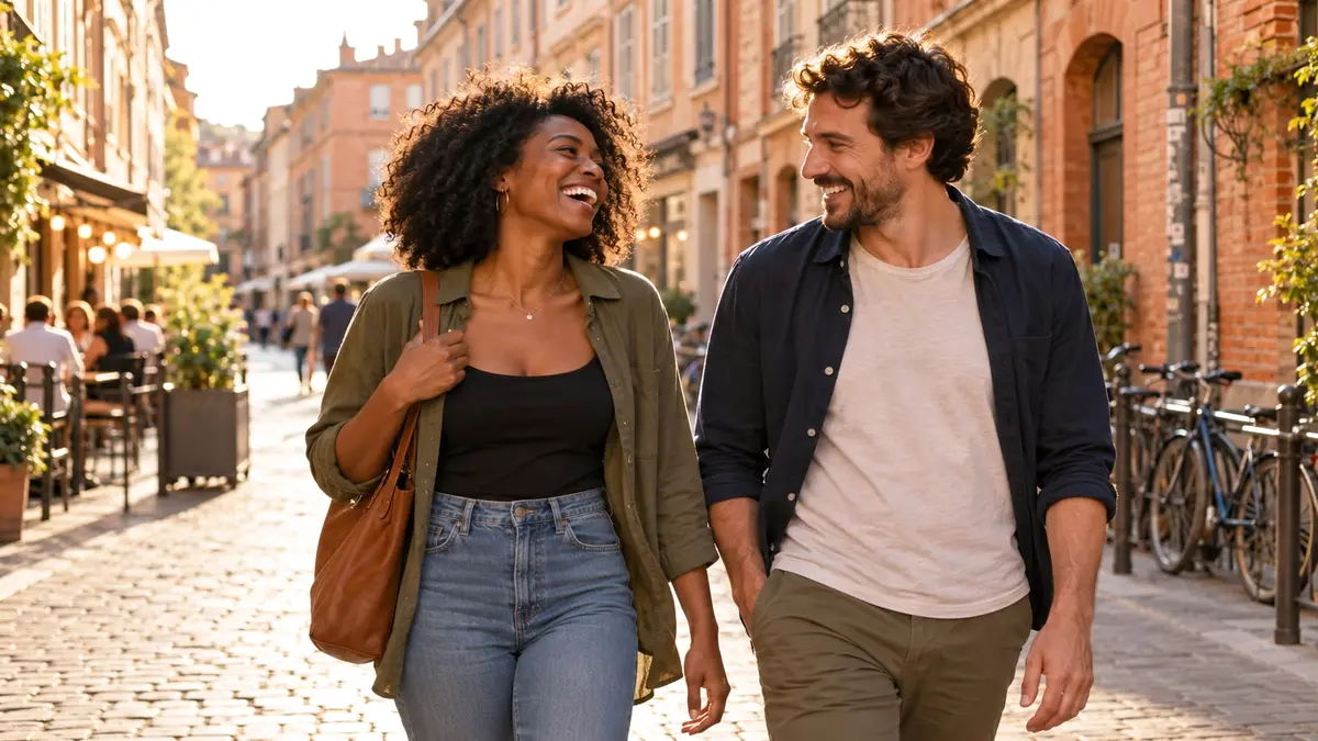 Une femme noire et un homme rient en marchant dans une rue ensoleillée de Toulouse aux façades de brique rose.