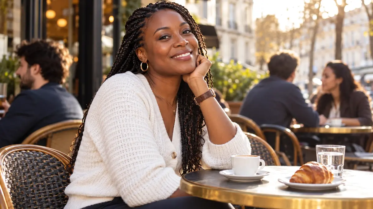 Femme souriante dans un café de rue français baigné d’une lumière chaude, avec des passants adultes en arrière-plan.