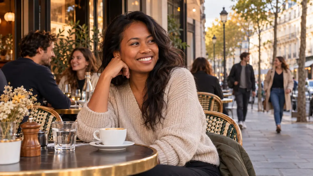 Femme malgache souriante dans un café de rue français, baignée de lumière naturelle et chaleureuse.