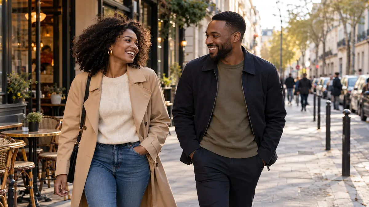 Une femme noire et un homme rient en marchant dans une rue française baignée de lumière chaude.