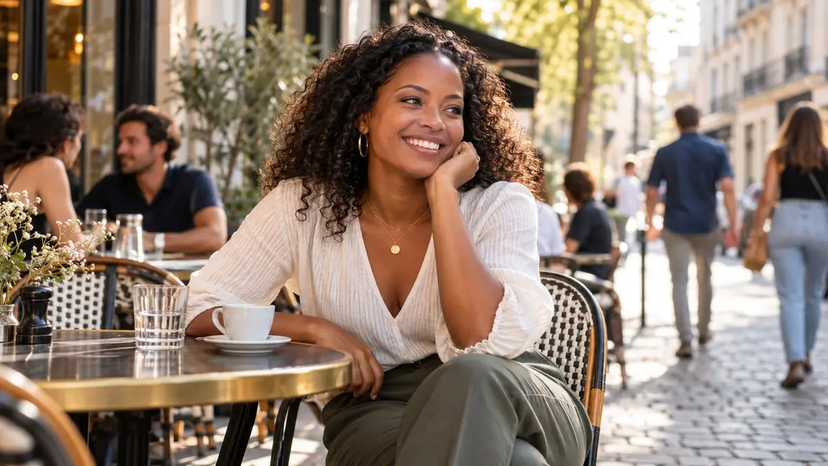 Femme guadeloupéenne souriante assise à la terrasse d’un café dans une rue française baignée de lumière.