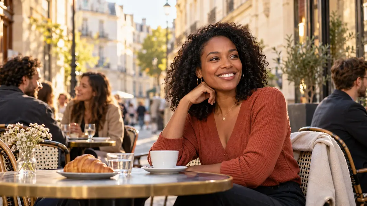 Femme haïtienne souriante à la terrasse d’un café français, baignée de lumière dorée.