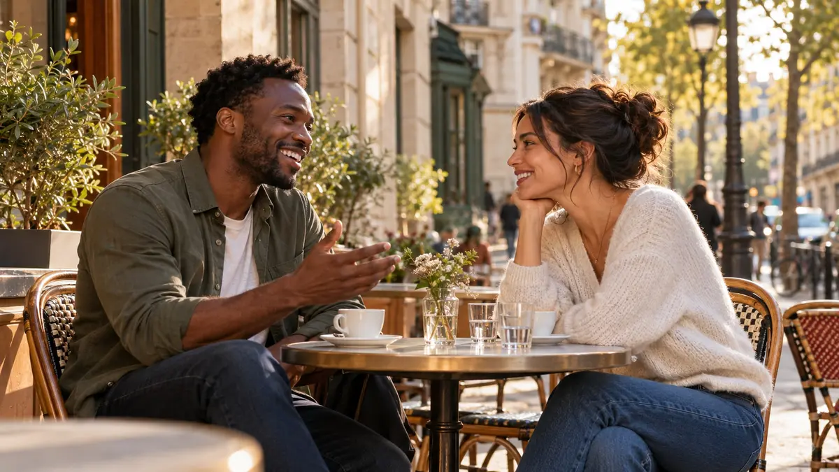 Un homme noir souriant échange avec une femme à la terrasse ensoleillée d’un café français.