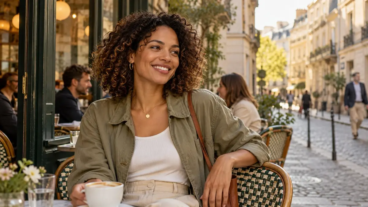 Femme métisse souriante attablée à la terrasse d’un café dans une rue française baignée de lumière chaude.