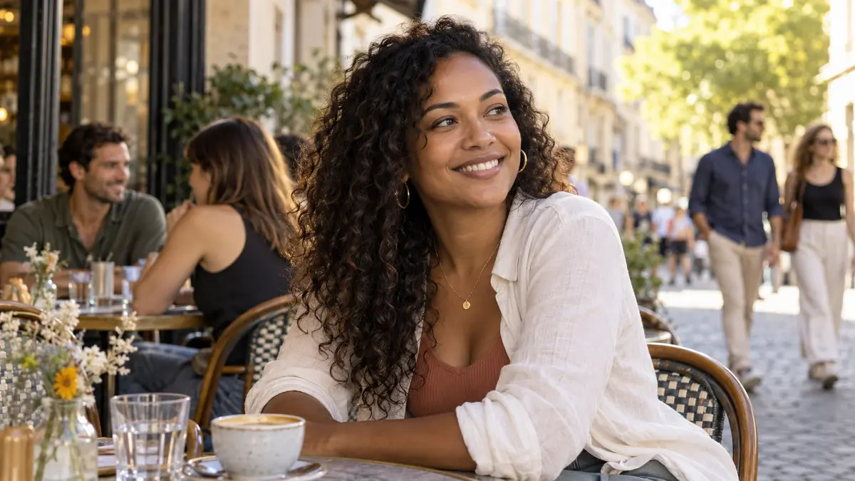 Une femme souriante est assise à la terrasse d’un café dans une rue française ensoleillée.