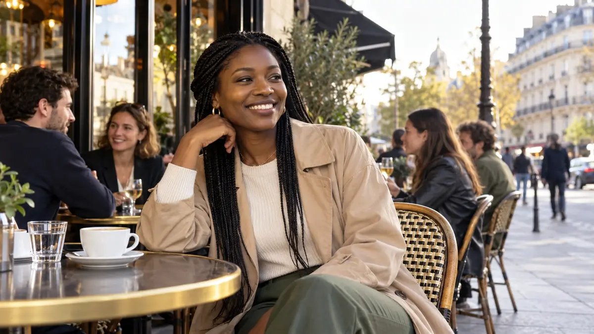 Une femme sénégalaise souriante, en tenue moderne, assise à la terrasse d’un café français.