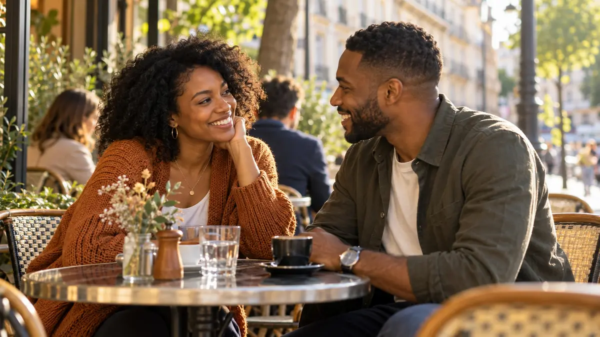 Une femme noire et son partenaire échangent avec complicité à la terrasse d’un café baignée de lumière chaude.